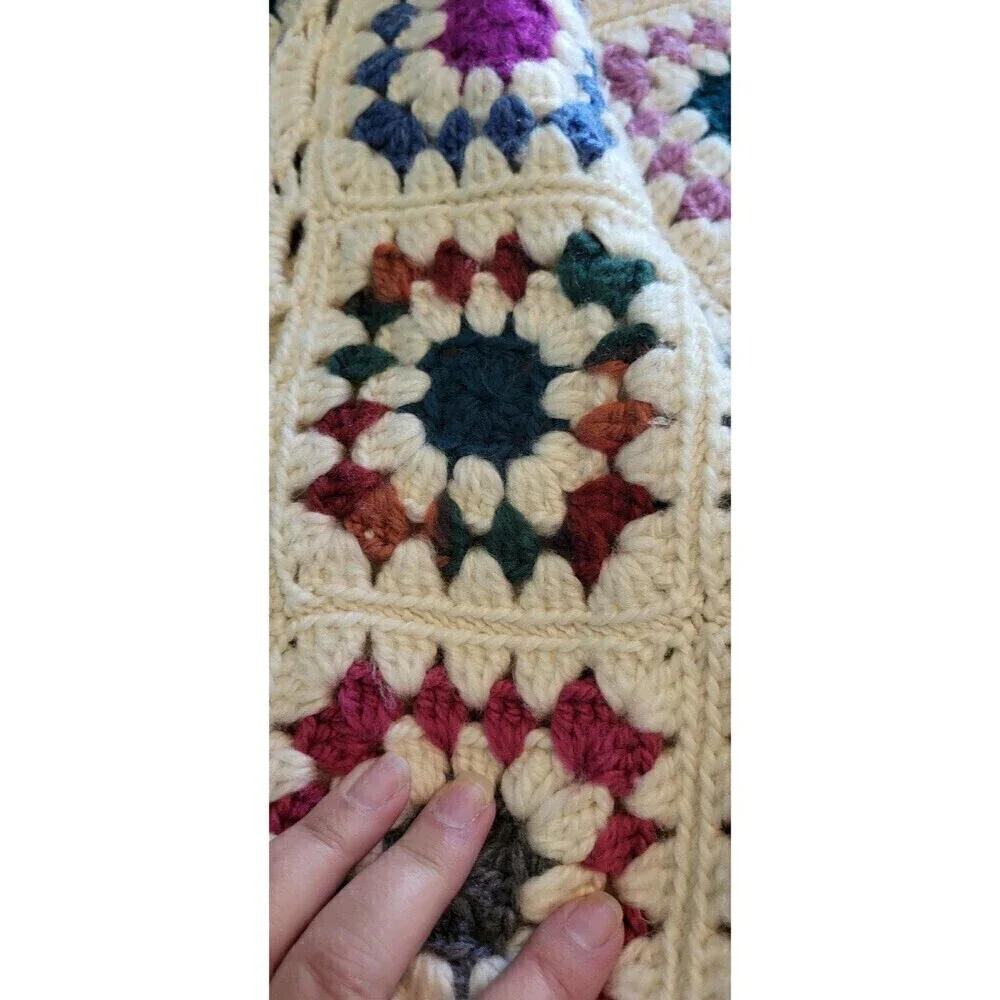 Granny Square Crochet Multicolor Cream Vintage Afghan Blanket